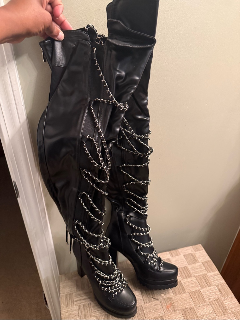 Black Over-the-Knee Boots with Silver Chain Detail - Picture 3 of 3